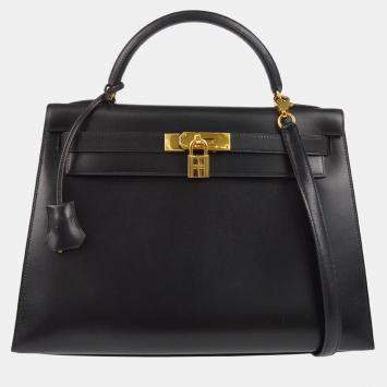 Hermes Black Box Calf Kelly 32 Sellier Handbag