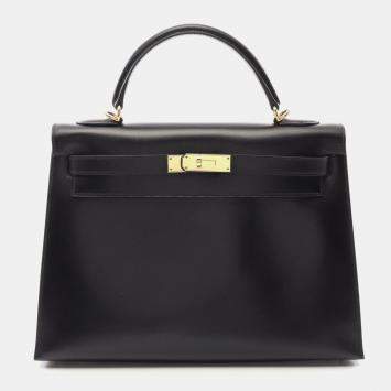 Hermes Black Box Calf Leather Kelly 32 Handbag