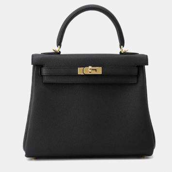 Hermes Kelly Retourne 25 Black Togo Leather Top Handle Bag
