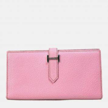 Hermes Long Leather Pink H hardware Two Fold Wallet