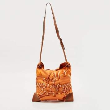 Hermes Orange/Brown Satin and Leather Silky City 33 Bag