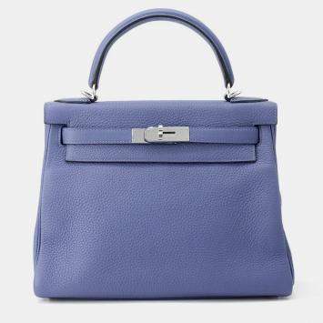 Hermes Kelly 28 Blue Brighton Taurillon Clemence Leather Tote Bag