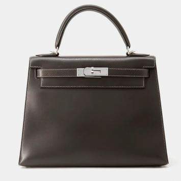Hermes Kelly Sellier 28 Graphite Box Calf Leather Handbag