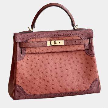 Hermes Kelly 32 Red Ostrich Lace Trim Light Bag