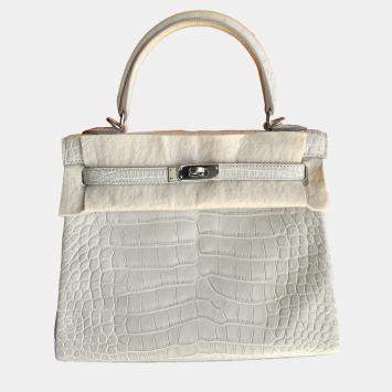 Hermes Kelly 25 Glacier White Matte Crocodile Bag