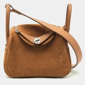 Hermes Gold Doblis Suede Palladium Finish Mini Lindy Bag
