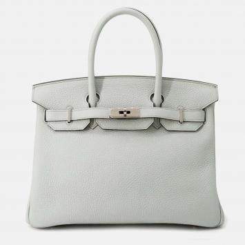 Pre Owned Hermes Birkin 30 Blue Pale Taurillon Clemence Leather Tote Bag