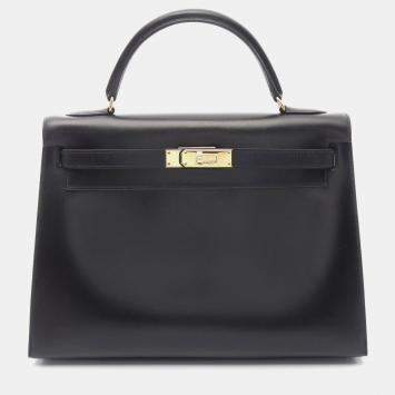 Hermes Kelly 32  Black Z Outside Stitched Box Calf Leather Bag 
