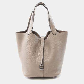 Pre Owned Hermes Picotin Lock 22 Gris Tourterelle Taurillon Clemence Leather Tote Bag