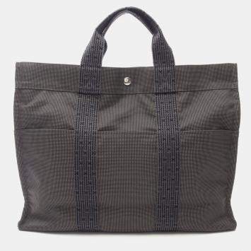 Pre Owned Hermes Herline MM Gray Nylon Canvas Tote Bag