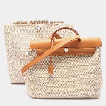 Pre Owned Hermes Herbag MM Toile Hunter Natural Black  Leather Bag
