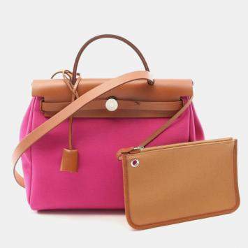 Pre Owned Hermes Herbag PM Brown Pink Canvas Shoulder Bag