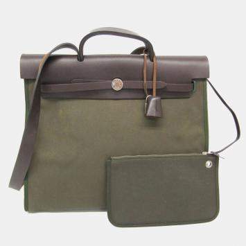 Hermes Her Bag Zip Dark Brown Khaki Toile Officier Leather Handbag MM