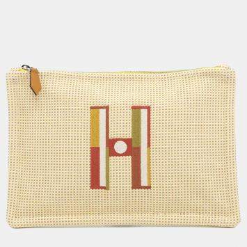 Hermes Flat Pouch With Embroidery "Fauve Le Corner" Citron/Ochre Toile Chevrons Size PM