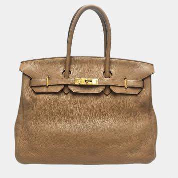 Hermes Birkin 35 Beige Clemence Leather Gold Hardware Tote Bag