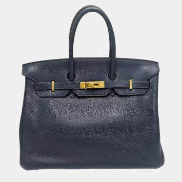 Hermes Birkin 35 Bleu de Malte Clemence Leather Gold Hardware Tote Bag