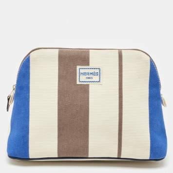 Hermes Rayures Rocabar Stripe Canvas Bolide Medium Travel Pouch Bag