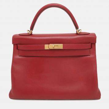 Pre Owned Hermes Kelly Retourne 32 Rouge Vif Box Calf Leather Handbag