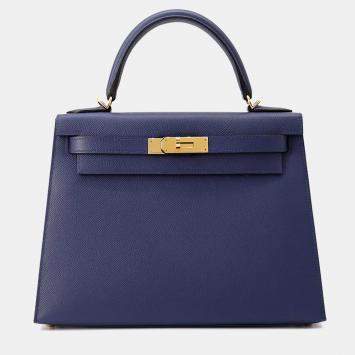 Pre Owned Hermes Kelly Sellier 28 Blue Saphir Epsom Handbag