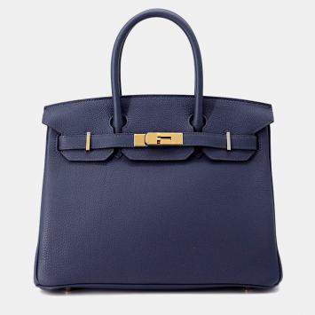 Pre Owned Hermes Birkin 30 Blue Navy Togo Leather Tote Bag