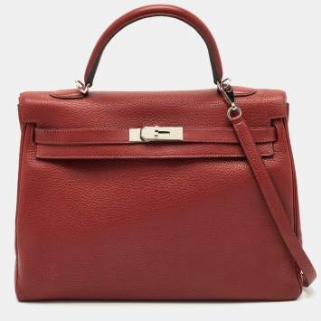 Pre Owned Hermès Rouge Grenat Clemence Leather Palladium Finish Kelly Retourne 35 Bag