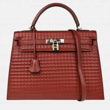 Pre Owned Hermes Kelly 32 Sellier  Rouge H Ever Deutch Waffle Handbag