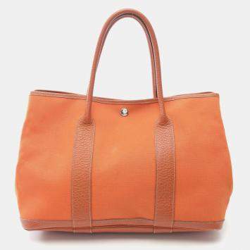 Pre Owned Hermes Garden Party PM Toile Officier Potiron Orange Leather  Tote Bag
