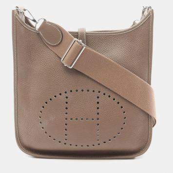 Pre Owned Hermes Evelyne 3 Troyes PM Shoulder Bag A Clemence Leather Etoupe Grey Shw