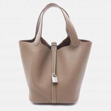 Pre Owned Hermes Picotin Lock 22 Handbag Clemence Leather Etoupe Grey