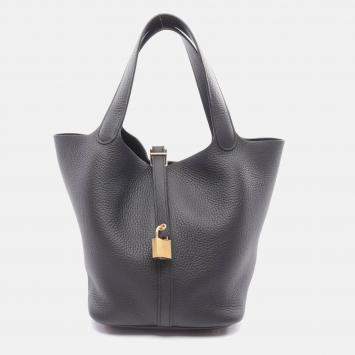 Pre Owned Hermes Picotin 22 Handbag K Clemence Leather Black Noir Ghw