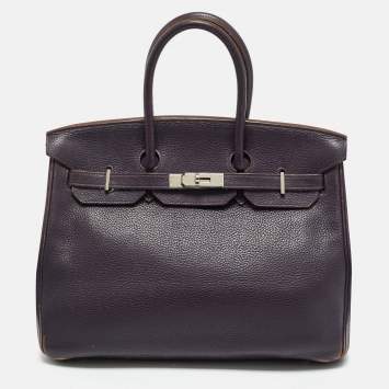 Pre Owned Hermes Raisin Togo Leather Palladium Finish Birkin 35 Bag