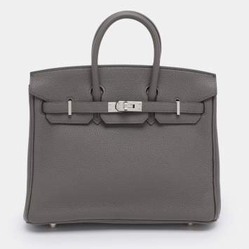 Pre Owned Hermès Grey Clemence Leather Palladium Finish Birkin 25 Bag