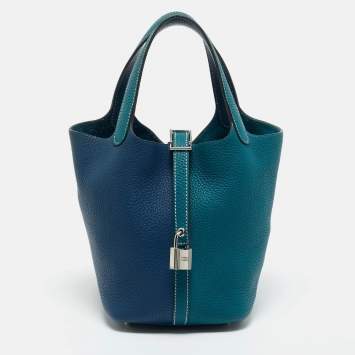 Pre Owned Hermes Vert Bosphore/Deep Bleu Taurillon Clemence Leather Picotin Lock 18 Bag