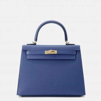 Pre Owned Hermes Kelly 25 Blue Tie Veau Madame Leather Shoulder Bag