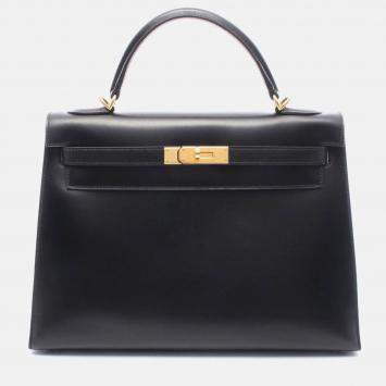 Pre Owned Hermès Kelly 32 Black Calf  Box Leather GHW Outside Stitch Handbag