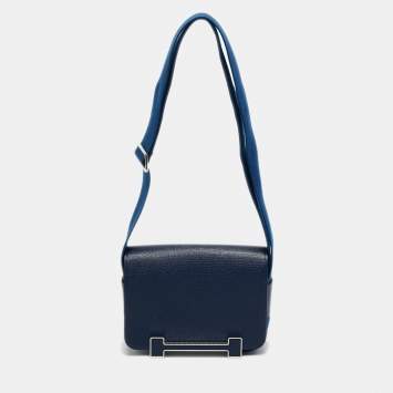 Pre Owned Hermes Bleu Navy Chevre Mysore Leather Palladium Finish Geta Bag