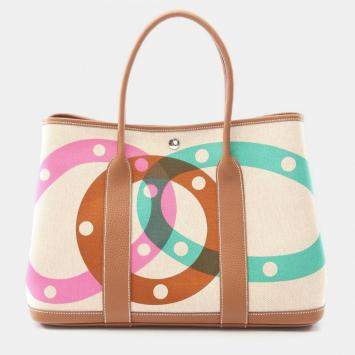 Pre Owned Hermes Garden Party Beige Toile H Canvas Negonda Leather Tote PM