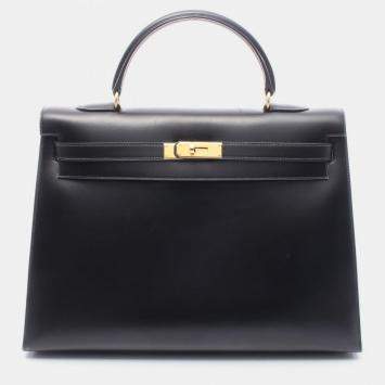 Pre Owned Hermes Kelly 35 Black Box Calf Leather Handbag