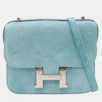 Pre Owned Hermes Doblis Constance 18 Bleu Atoll Suede Shoulder Bag PHW