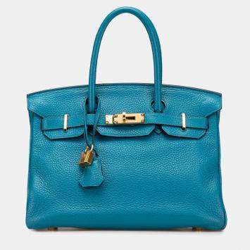 Pre Owned Hermes Birkin 30 Blue Clemence Leather Shoulder Bag