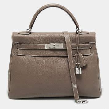 Pre Owned Hermes Etoupe Togo Leather Palladium Finish Kelly Retourne 32 Bag