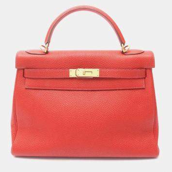 Pre Owned Hermes Kelly 32 Rouge Vif Togo Leather Handbag
