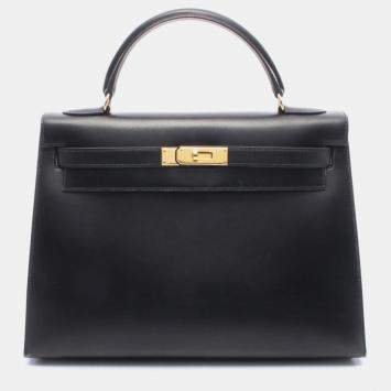Pre Owned Hermes Kelly 32 Noir Box Calf Leather Handbag