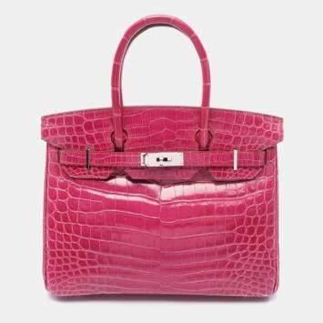Pre Owned Hermes Birkin 30 Rose Sheherazade Niloticus Crocodile Leather Handbag