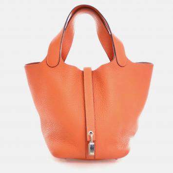 Pre Owned Hermes Picotin 18 Orange Clemence Leather Handbag