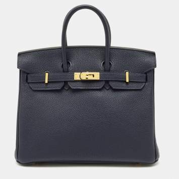 Pre Owned Hermes Bleu Nuit Togo Leather Gold Finish Birkin 25 Bag