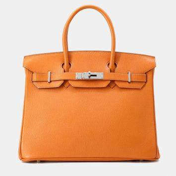 Pre Owned Hermes Birkin 30 Orange Chevre Mysore Goatskin Handbag