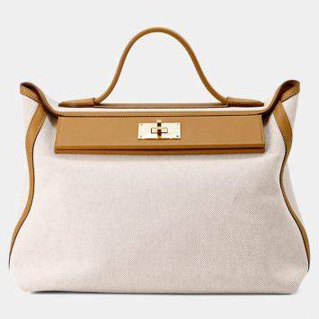 Pre Owned Hermes 24/24 Sac Van Quatre 35 Sesame Ecru Toile H Swift Leather Shoulder Bag