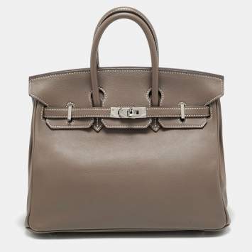 Pre Owned Hermes Etoupe Swift Leather Palladium Finish Birkin 25 Bag