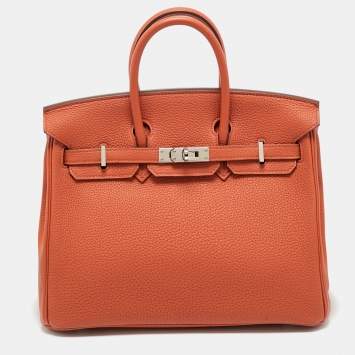 Pre Owned Hermes Terre Battue Togo Leather Palladium Finish Birkin 25 Bag